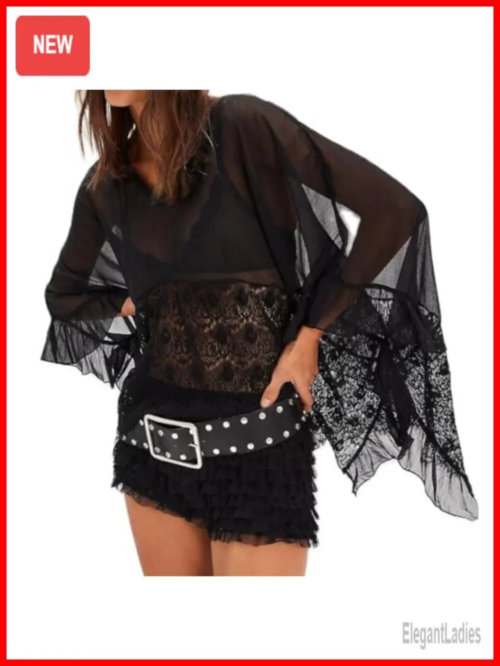 Sheer Mesh Poncho Top Batwing Sleeve Loose Fit Cover-up Lace Blouse Y2K